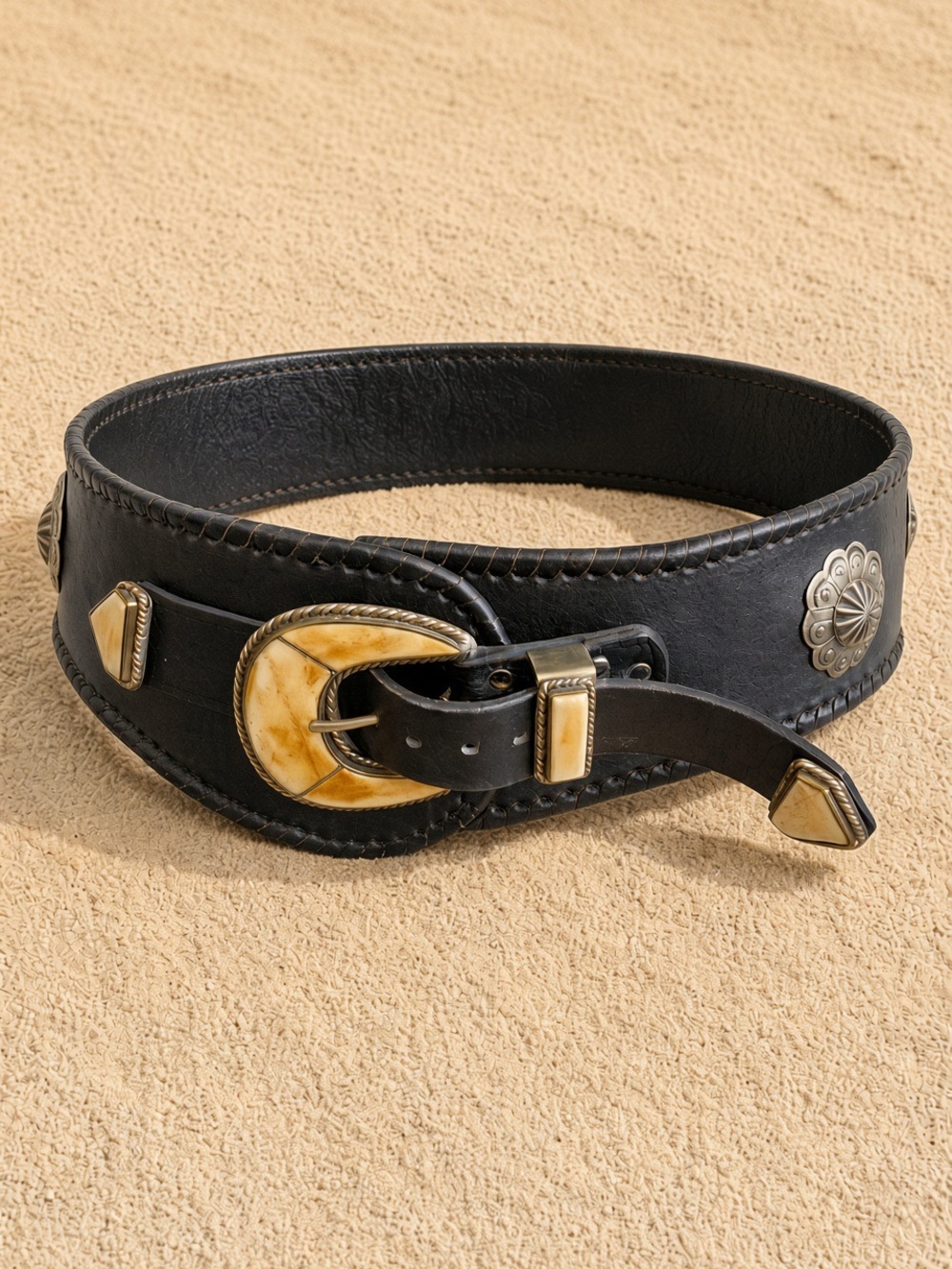 Wide Leather Concho Belt Ivory Accent Buckle whipstitch details boho 34-39